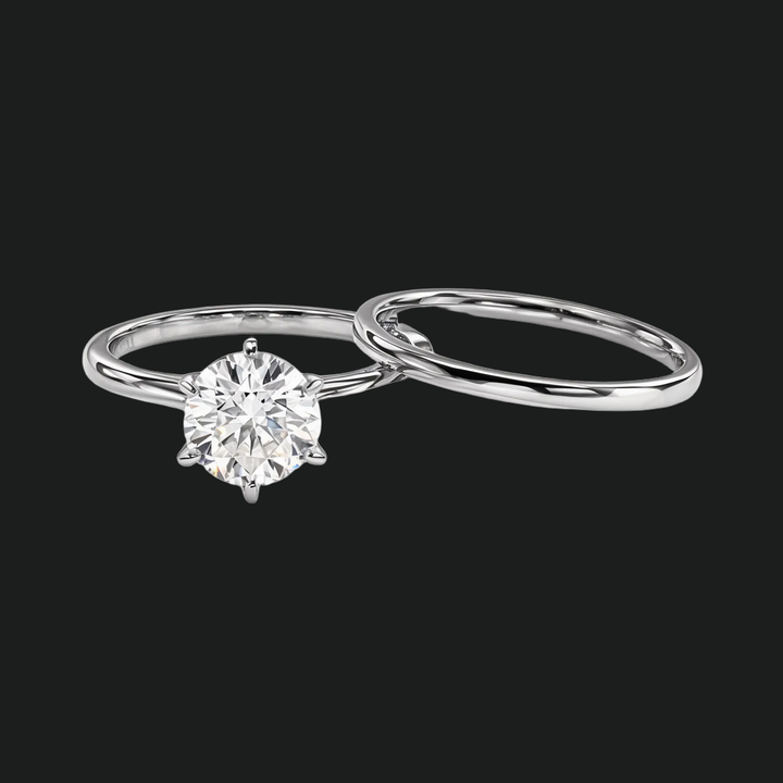 Six-Prong Round Cut Solitaire Engagement Ring with Dome Wedding Band