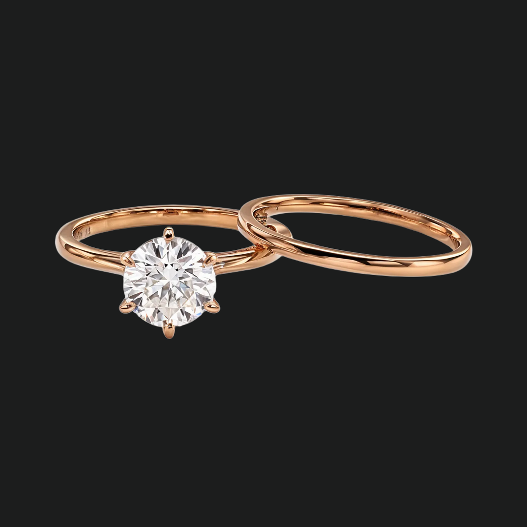 Six-Prong Round Cut Solitaire Engagement Ring with Dome Wedding Band