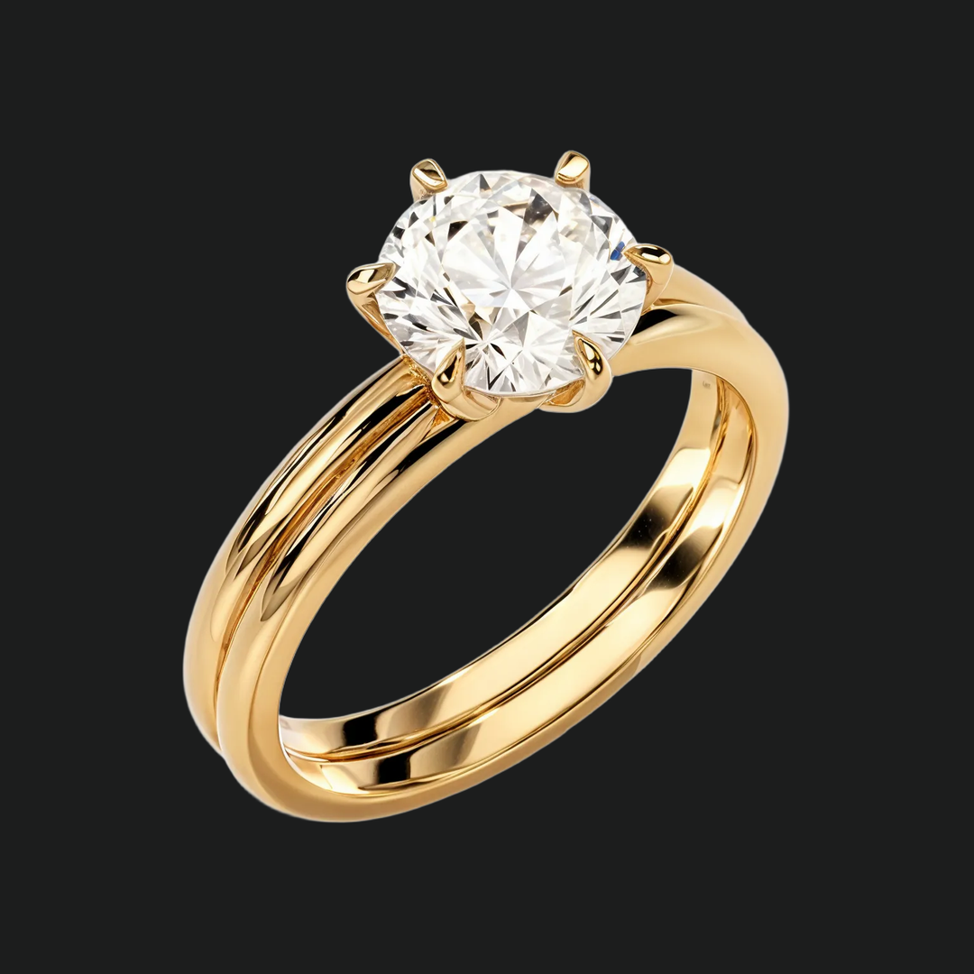 Six-Prong Round Cut Solitaire Engagement Ring with Dome Wedding Band