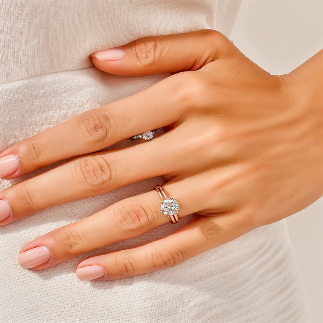 Six-Prong Round Cut Solitaire Engagement Ring with Dome Wedding Band