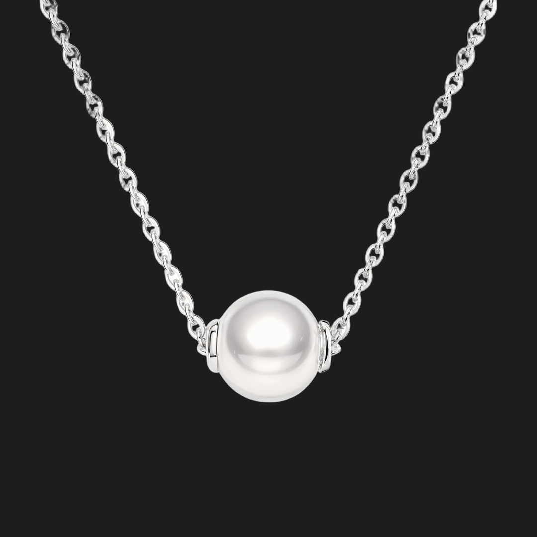 Round Pearl Solitaire Pendant Necklace - 9kt White Gold with Lab-Grown Diamond