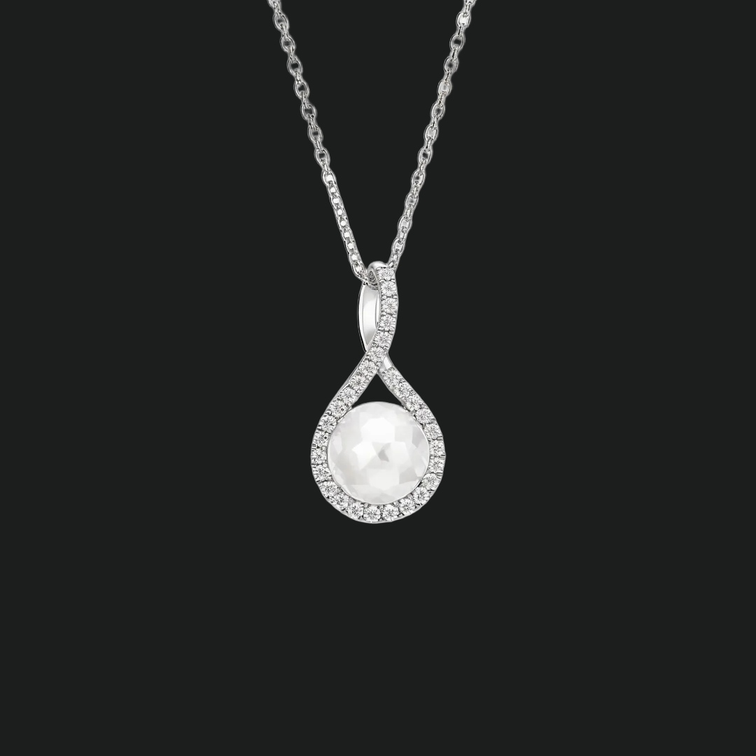 Infinity Twist Pearl and Diamond Halo Pendant Necklace - 9kt White Gold with Lab-Grown Diamond