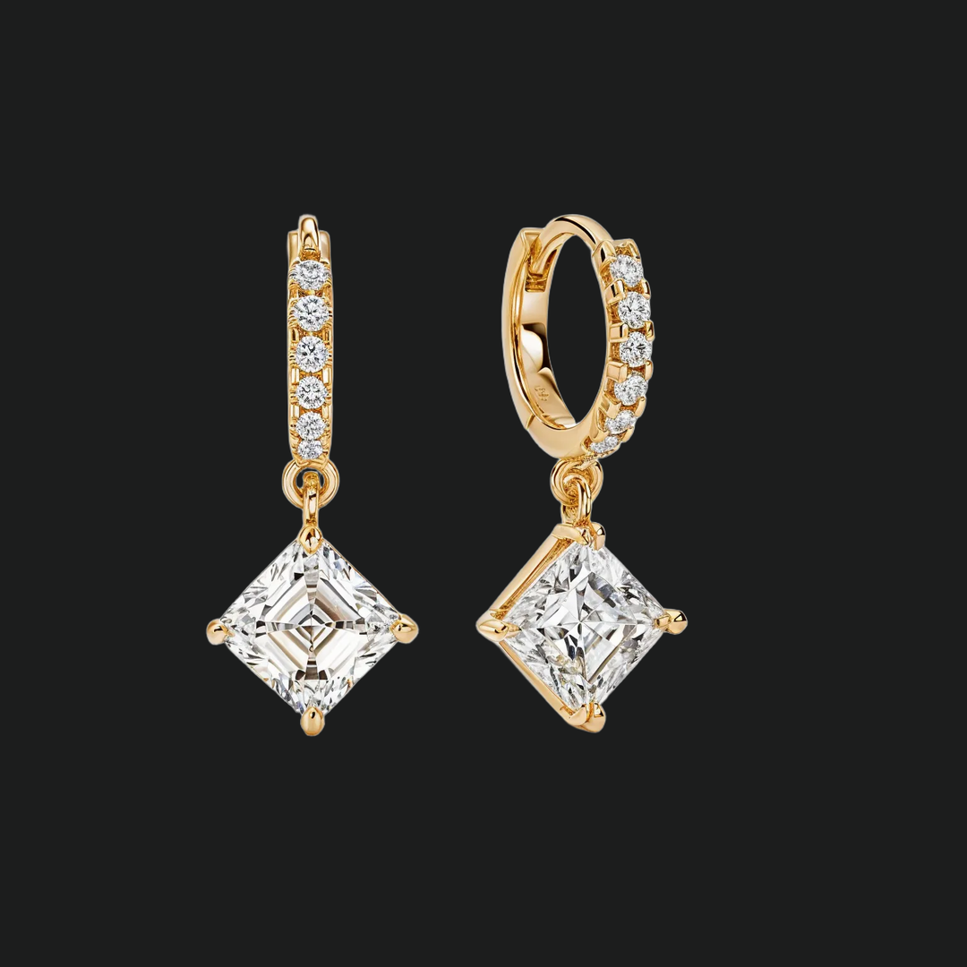 Asscher Cut Diamond Huggie Hoop Drop Earrings (1) - 9kt White Gold with Lab-Grown Diamond