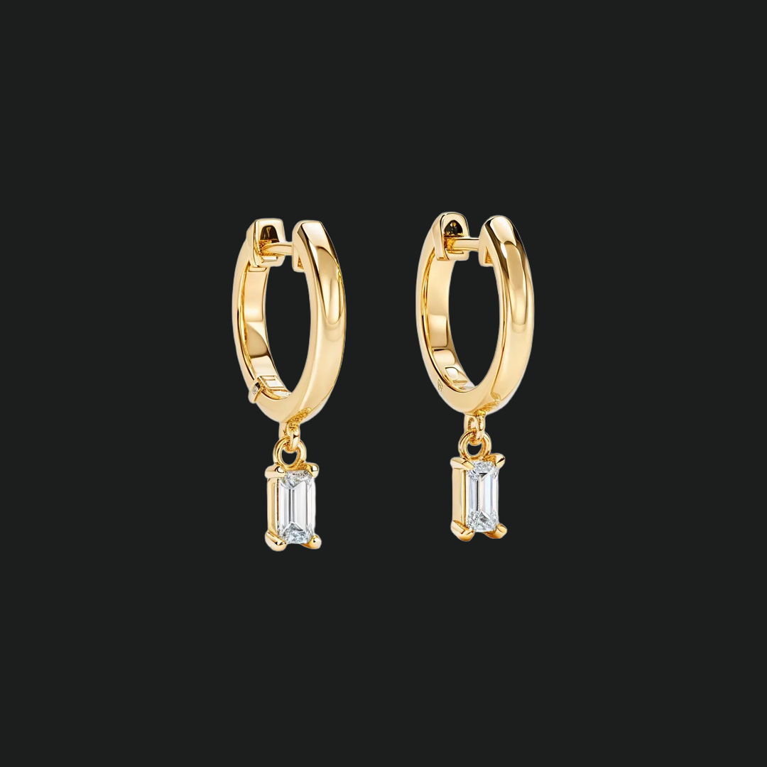 Baguette Diamond Drop Huggie Hoop Earrings - 9kt White Gold with Lab-Grown Diamond