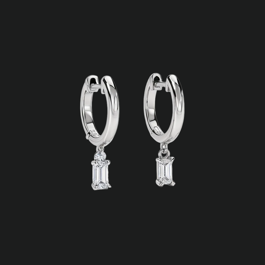 Baguette Diamond Drop Huggie Hoop Earrings (1) - 9kt White Gold with Lab-Grown Diamond
