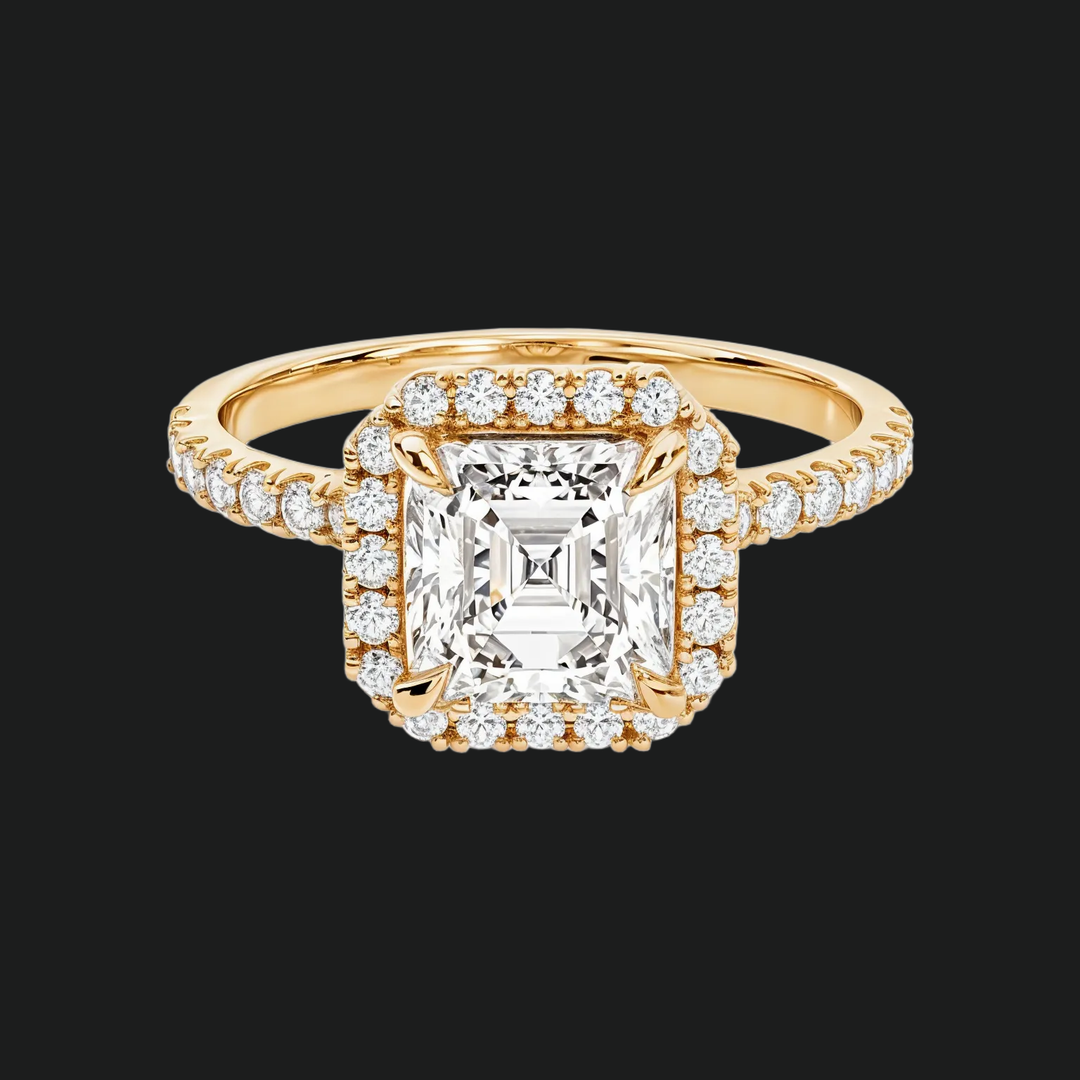 Asscher Cut Halo Engagement Ring with Pavé Band in 9kt White Gold