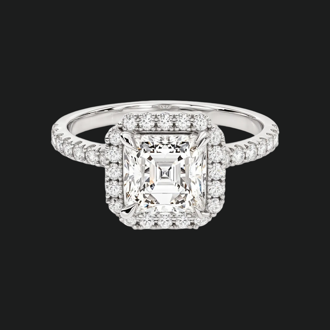 Asscher Cut Halo Engagement Ring with Pavé Band
