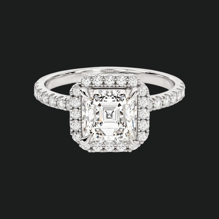 Asscher Cut Halo Engagement Ring with Pavé Band