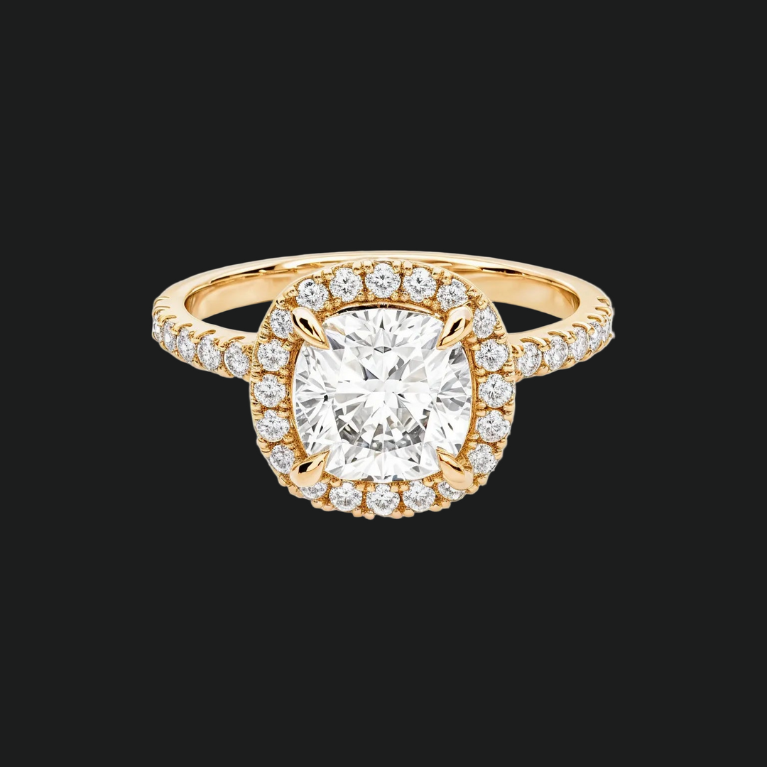 Cushion Cut Halo Engagement Ring with Diamond Accents in 9kt White Gold