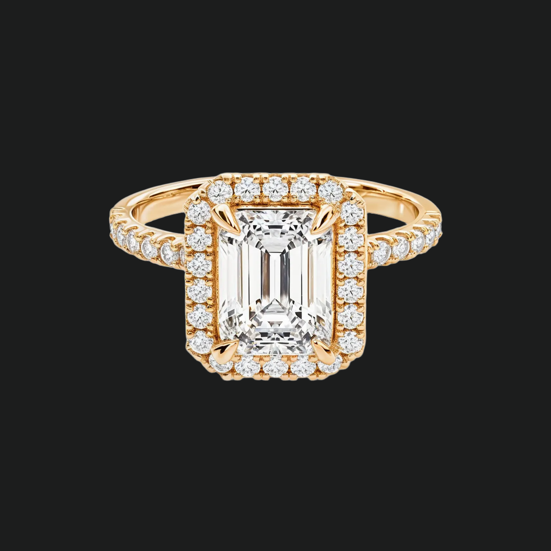 Emerald Cut Halo Engagement Ring with Diamond Accents in 9kt White Gold