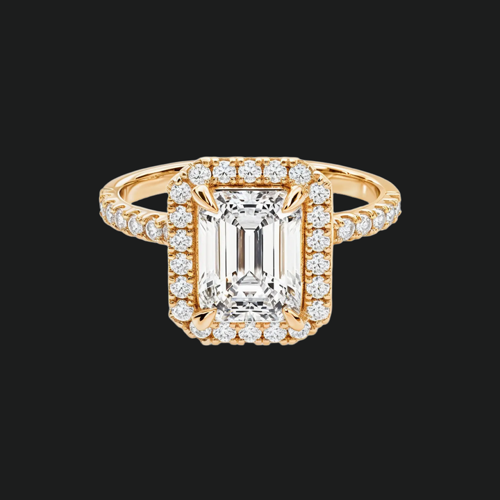 Emerald Cut Halo Engagement Ring with Diamond Accents in 9kt White Gold