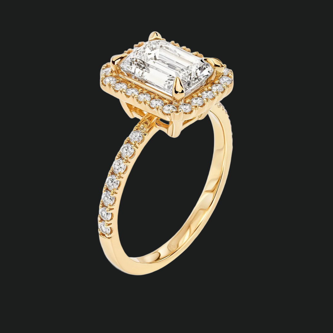 Emerald Cut Halo Engagement Ring with Diamond Accents
