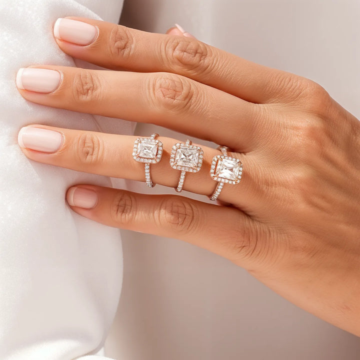 Emerald Cut Halo Engagement Ring with Diamond Accents