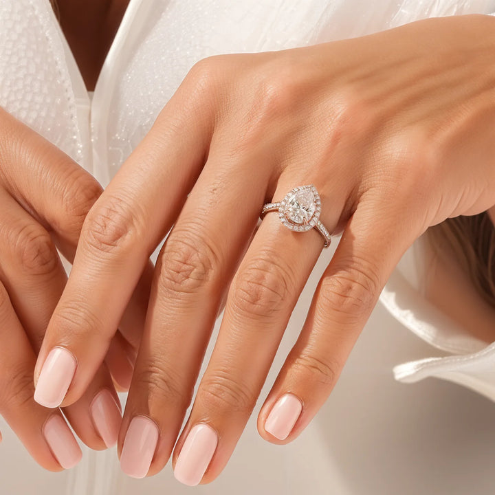 Pear Cut Halo Engagement Ring with Diamond Accents