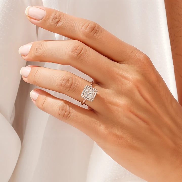 Princess Cut Halo Engagement Ring with Diamond Accents