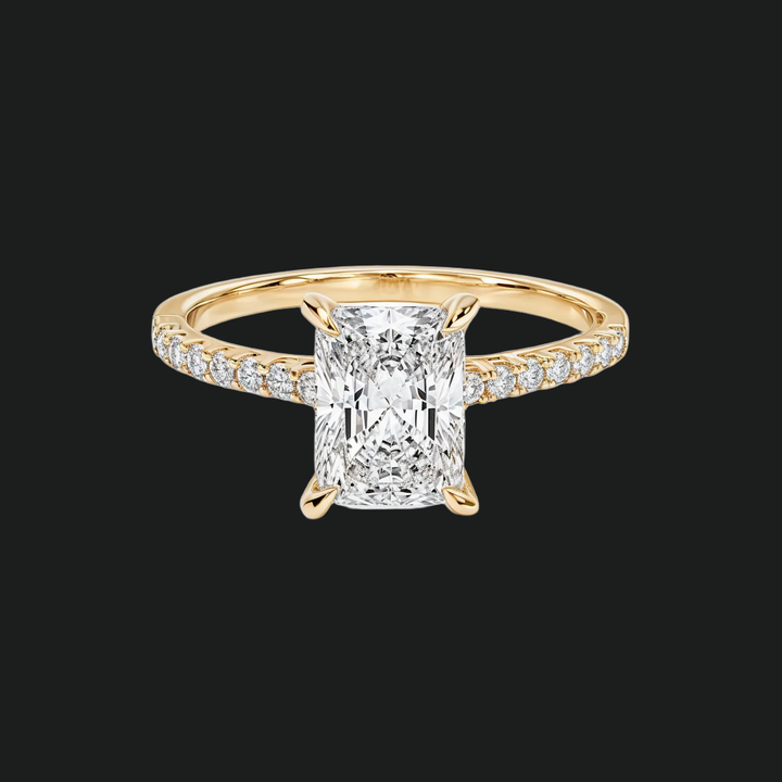 Kathedraal stralingsgesneden verlovingsring met diamantaccenten in 9kt witgoud