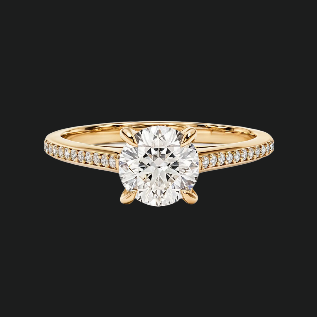 Cathedral Round Cut Diamond Accenten verlovingsring met kanaalsetband in 9kt witgoud