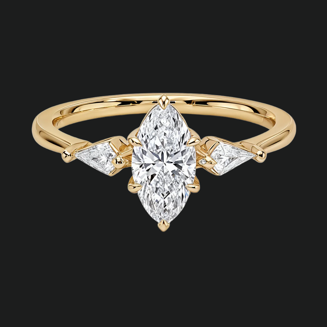 Marquise en vlieger drie stenen verlovingsring in 9kt witgoud