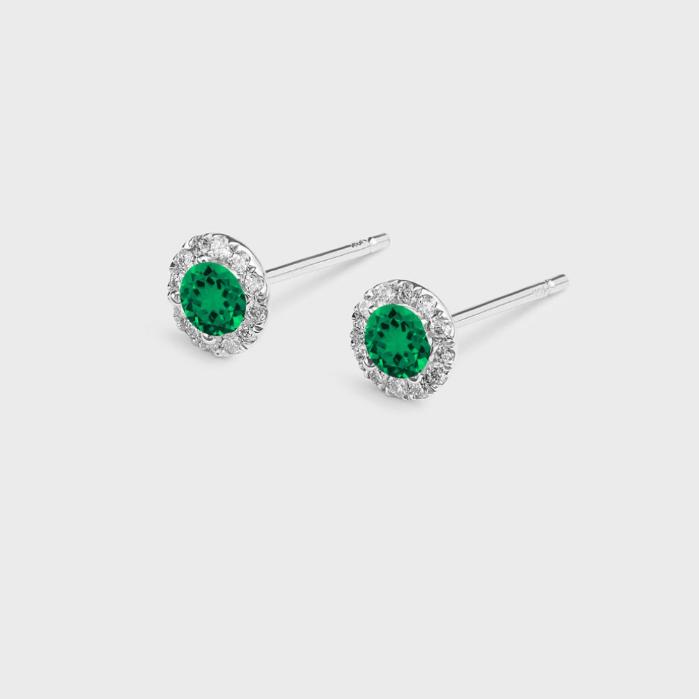 Emerald and Diamond Halo Stud Earrings