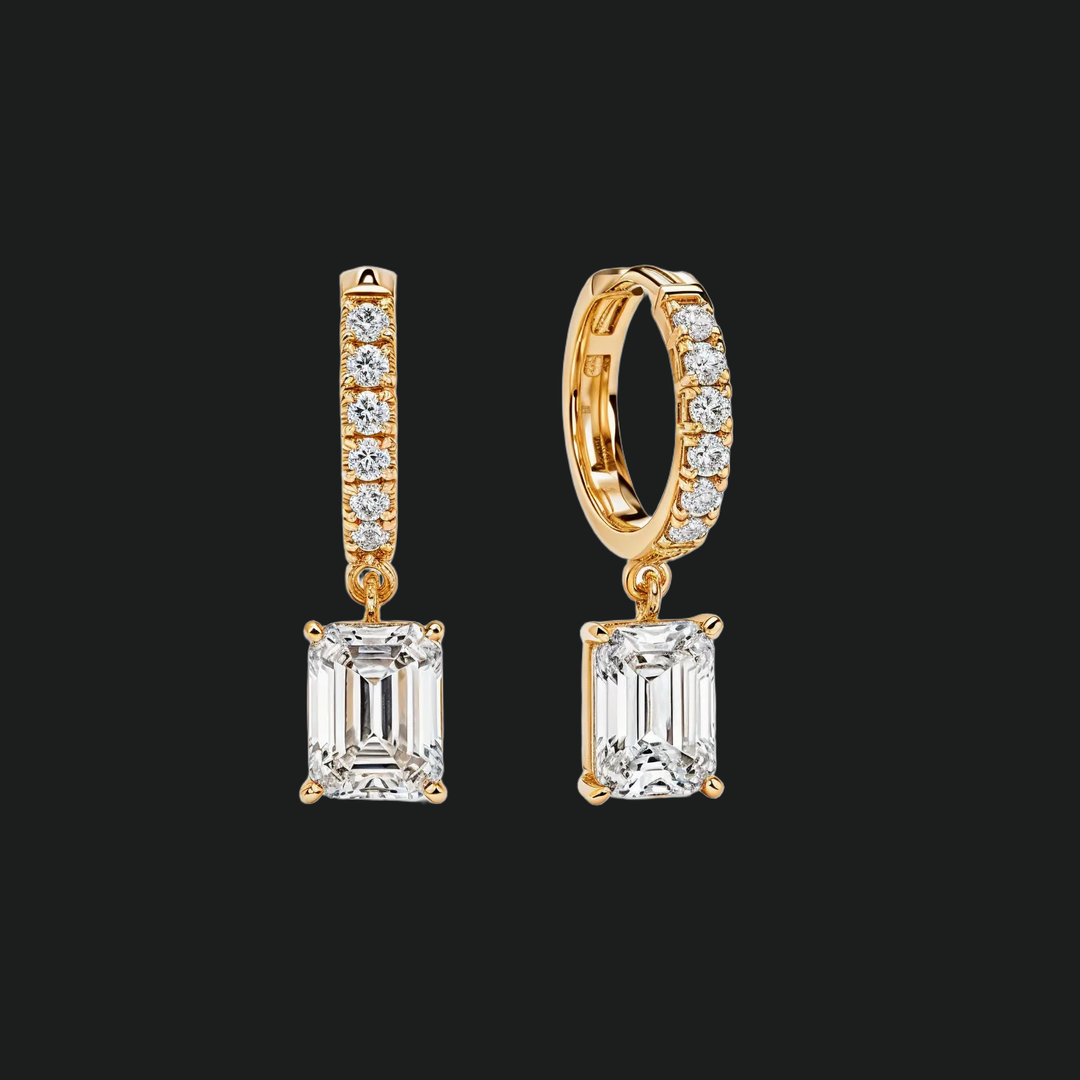 Emerald Cut Diamond Huggie Hoop Drop Earrings - 9kt White Gold with Lab-Grown Diamond