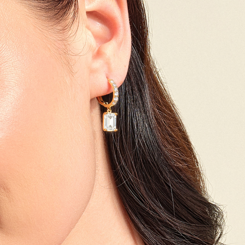 Emerald Cut Diamond Huggie Hoop Drop Earrings