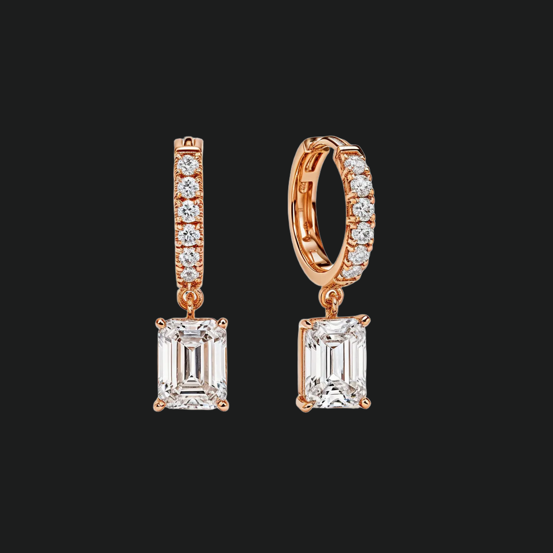 Emerald Cut Diamond Huggie Hoop Drop Earrings