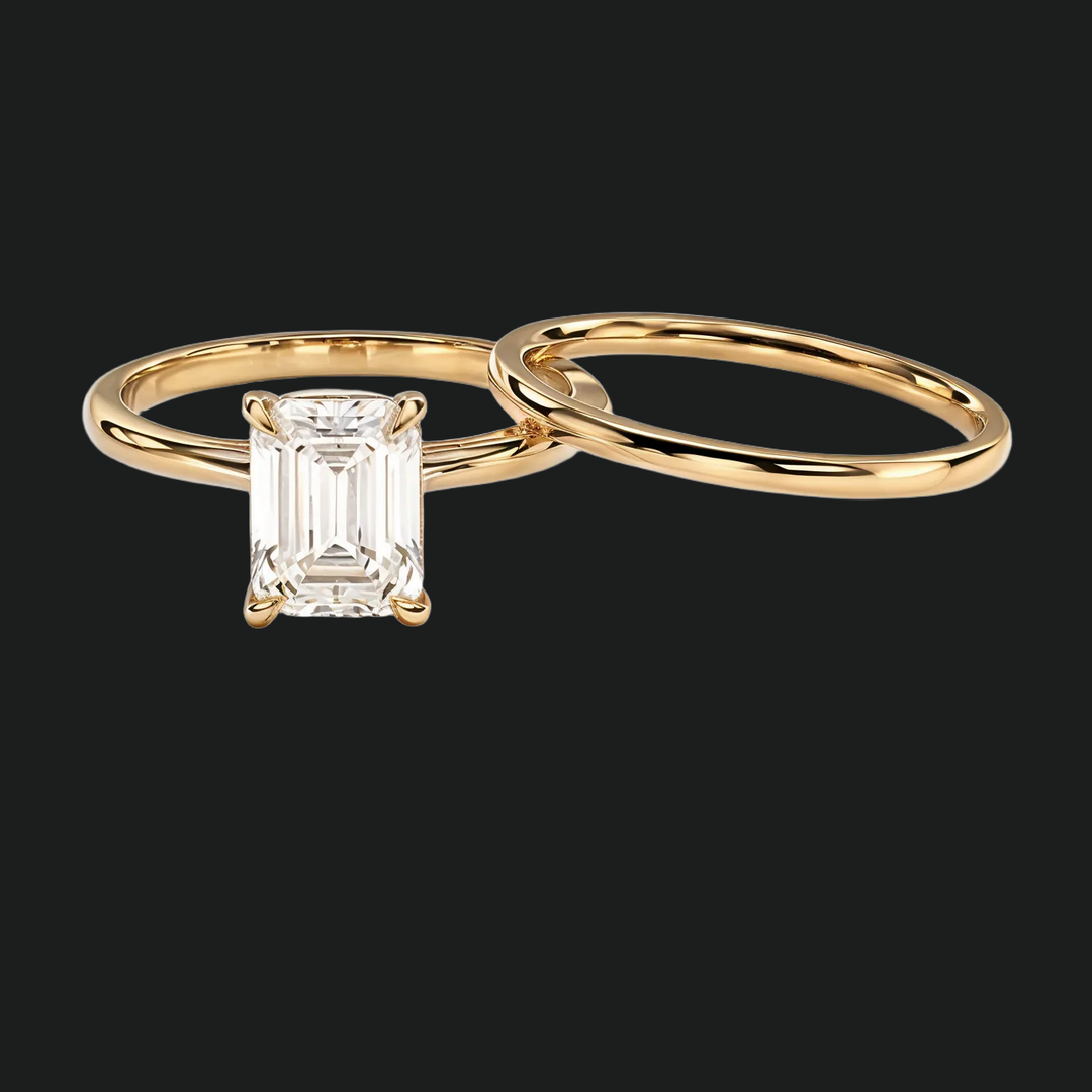 Emerald Cut Solitaire verlovingsring met klassieke trouwring in 9kt witgoud