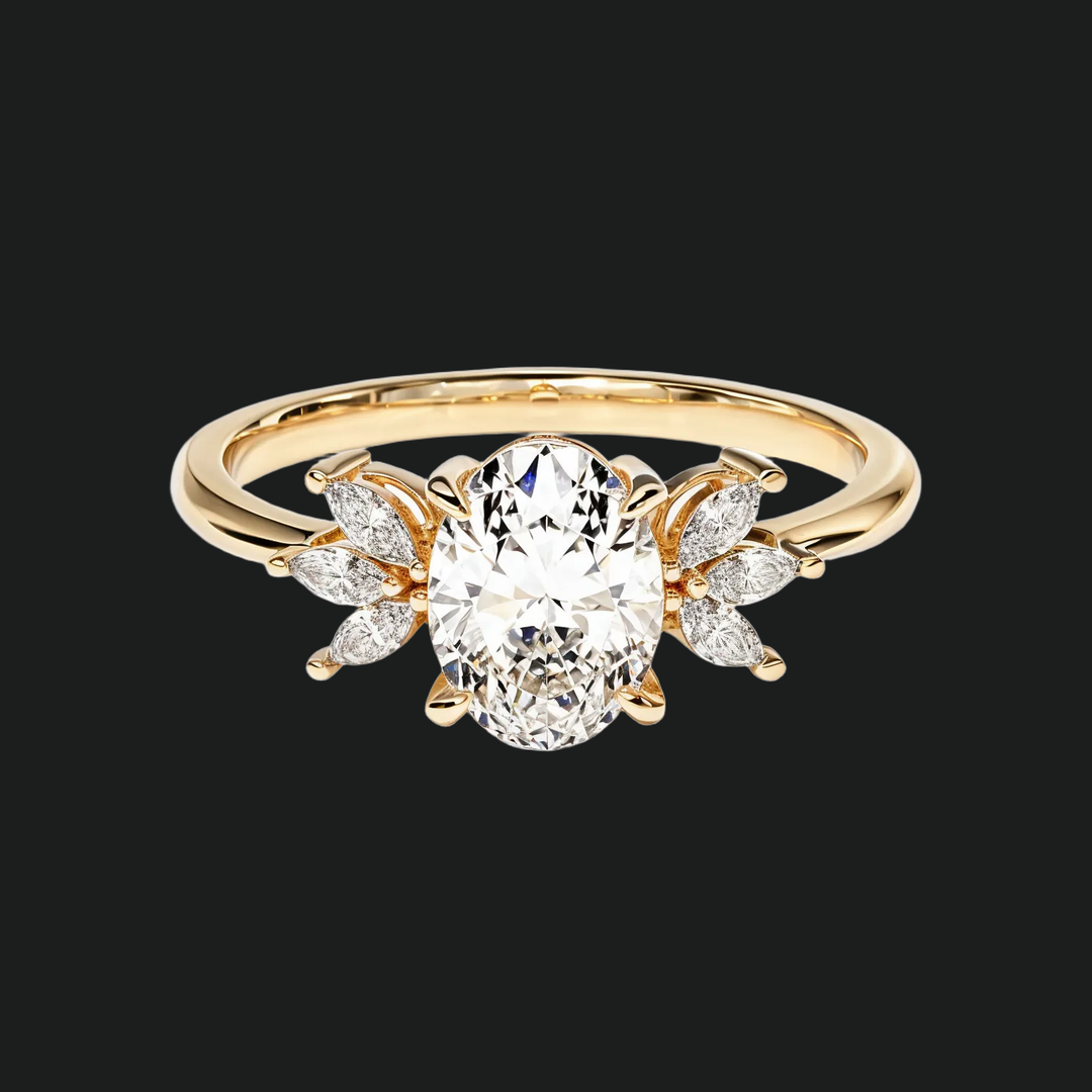 Ovale bloemencluster verlovingsring met diamantaccenten in 9kt witgoud
