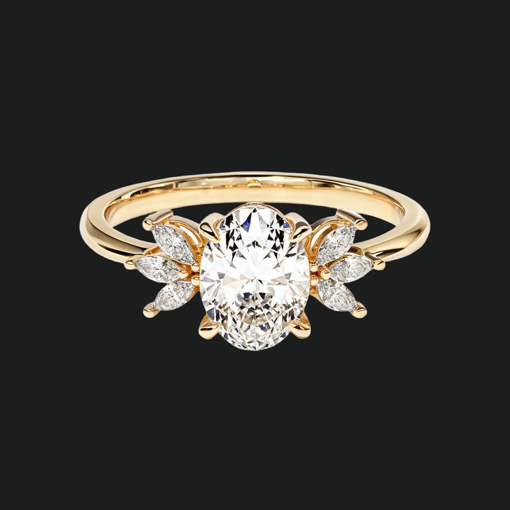 Ovale bloemencluster verlovingsring met diamantaccenten in 9kt witgoud