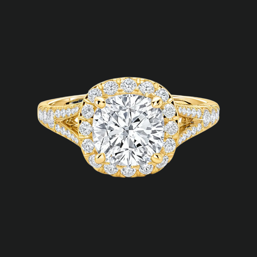 Kussen gesneden halo split schacht verlovingsring met diamantaccenten in 9kt witgoud
