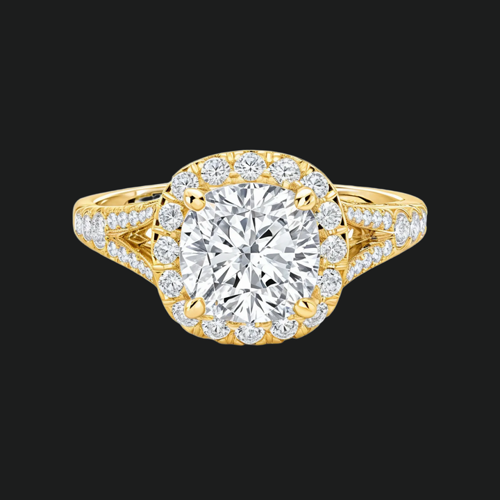 Kussen gesneden halo split schacht verlovingsring met diamantaccenten in 9kt witgoud