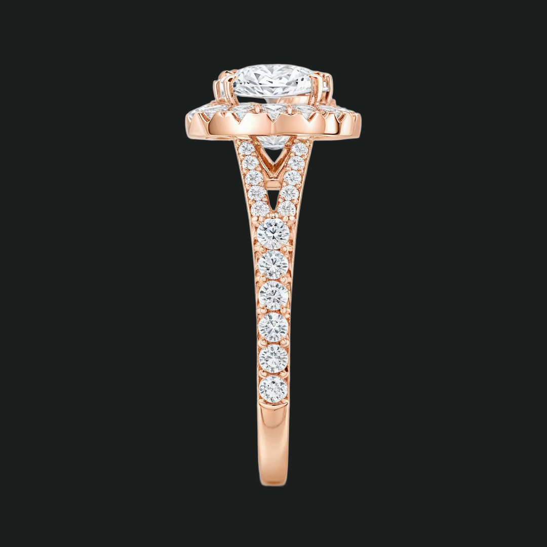 Kussen gesneden halo split schacht verlovingsring met diamantaccenten