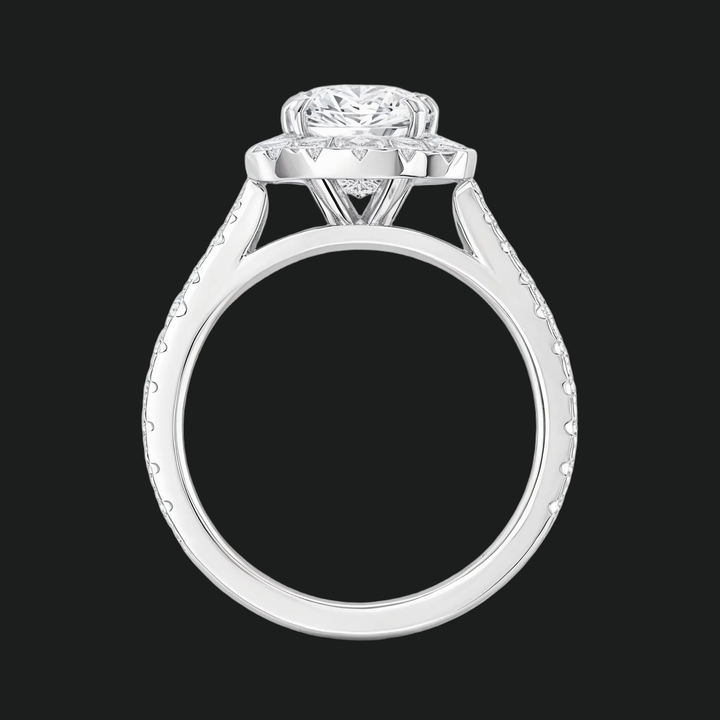Kussen gesneden halo split schacht verlovingsring met diamantaccenten