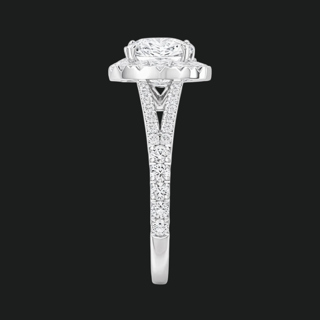 Kussen gesneden halo split schacht verlovingsring met diamantaccenten