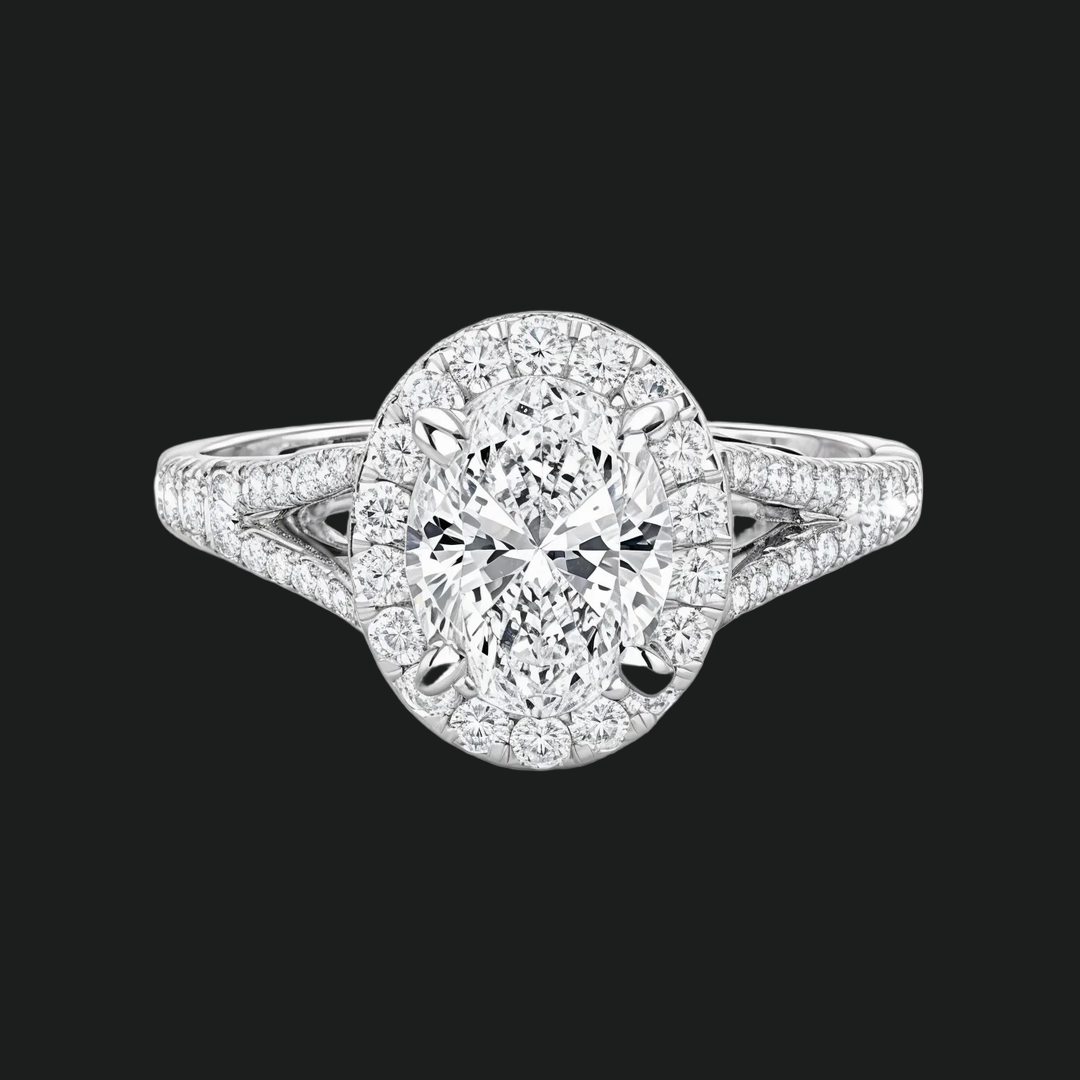 Anello di fidanzamento gambo a traina ovale con accenti di diamante