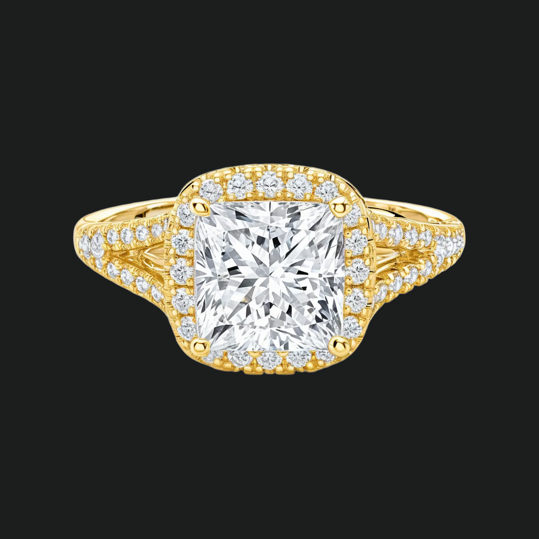 Princess Cut Halo Split Schank verlovingsring met diamantaccenten in 9kt witgoud