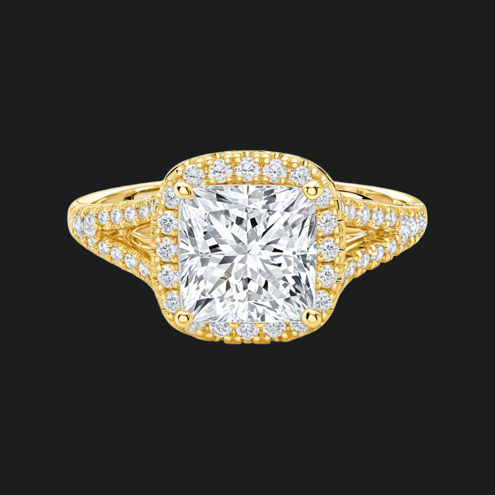 Princess Cut Halo Split Schank verlovingsring met diamantaccenten in 9kt witgoud