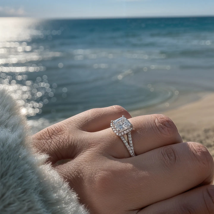 Prinses gesneden halo split schacht verlovingsring met diamantaccenten