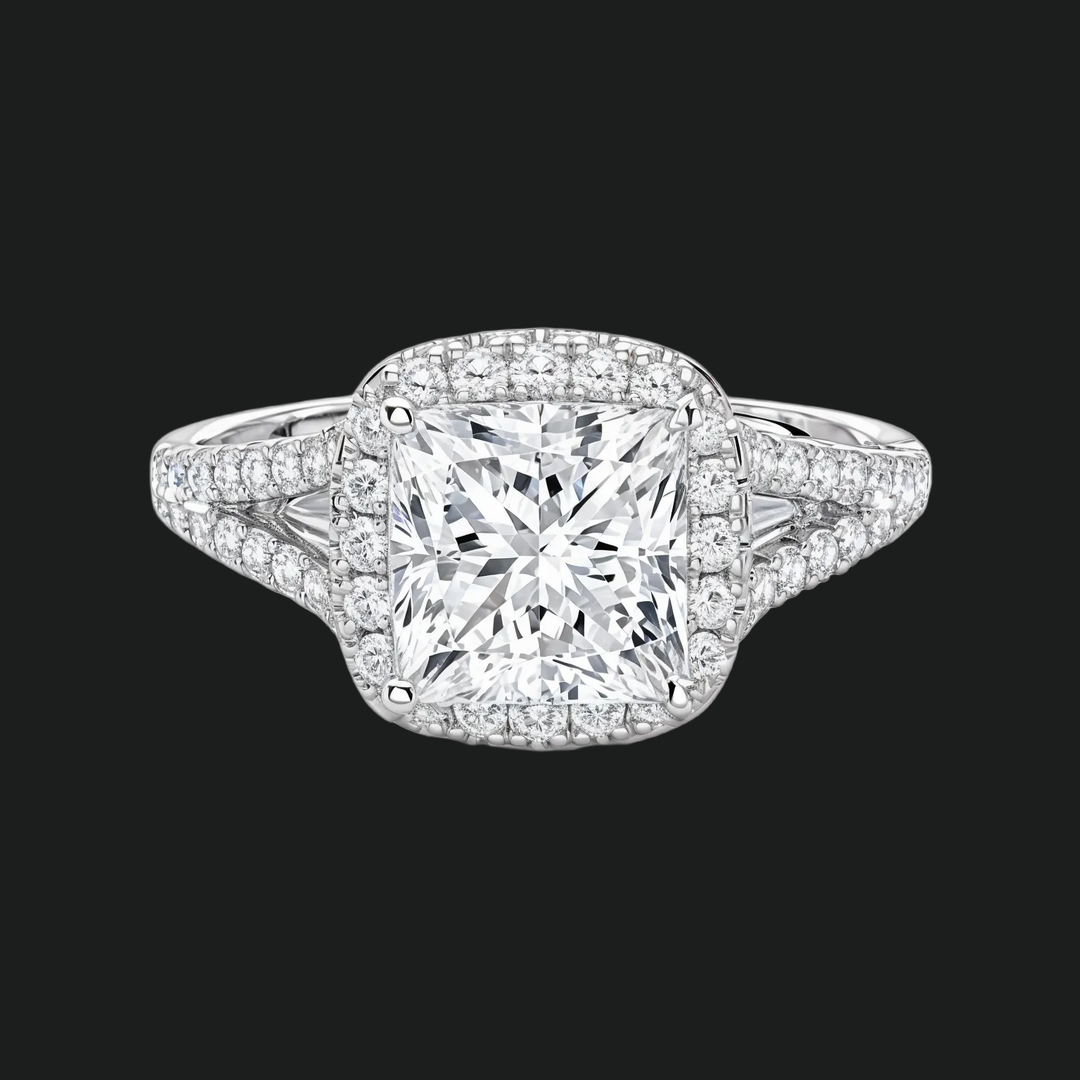 Prinses gesneden halo split schacht verlovingsring met diamantaccenten