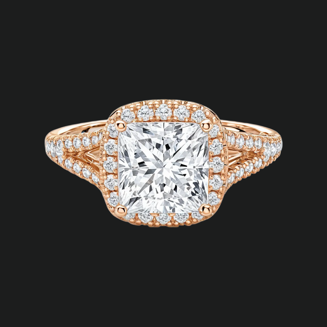 Prinses gesneden halo split schacht verlovingsring met diamantaccenten