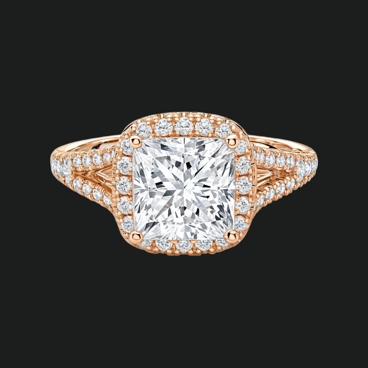 Prinses gesneden halo split schacht verlovingsring met diamantaccenten