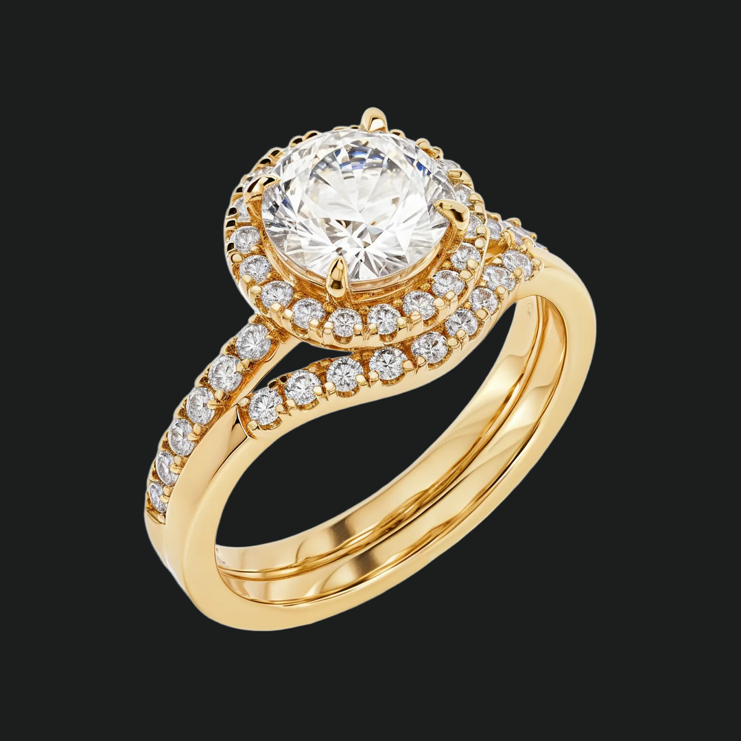 Ronde halo diamant accenten verlovingsring en gebogen trouwring set