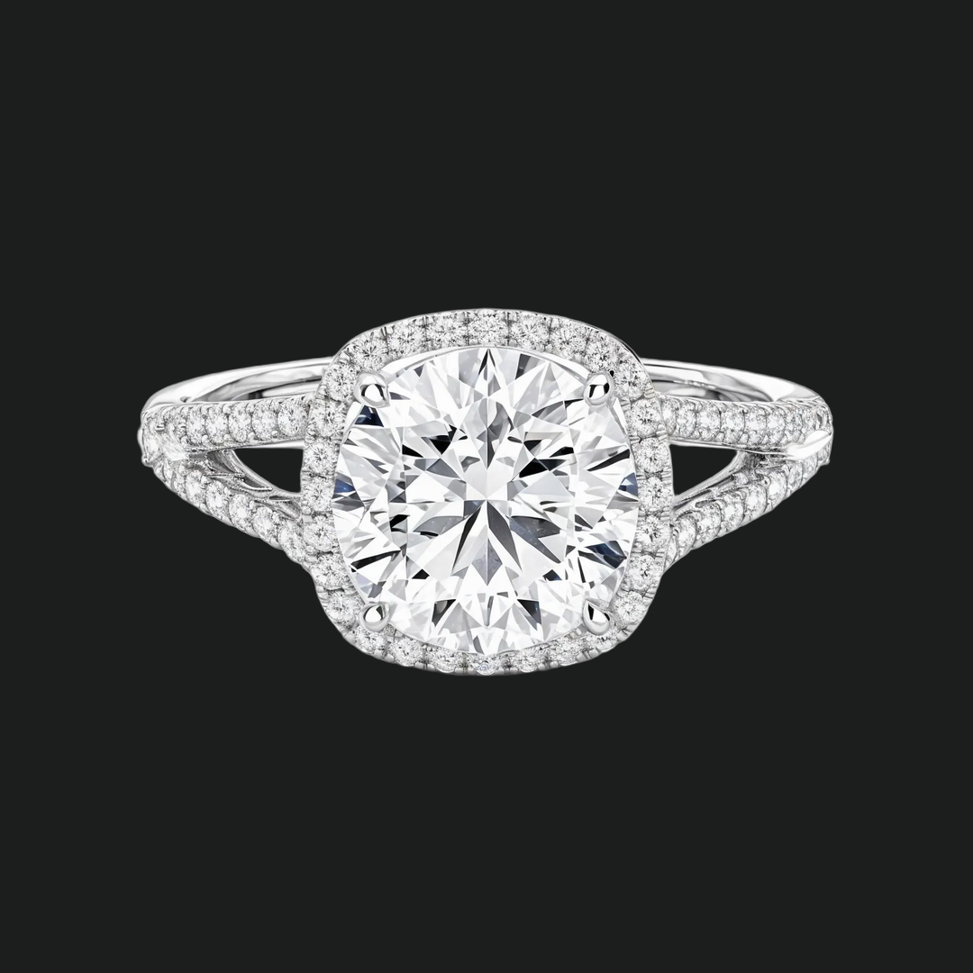 Split Shank Halo Round Diamond Accents Engagement Ring in 9kt White Gold