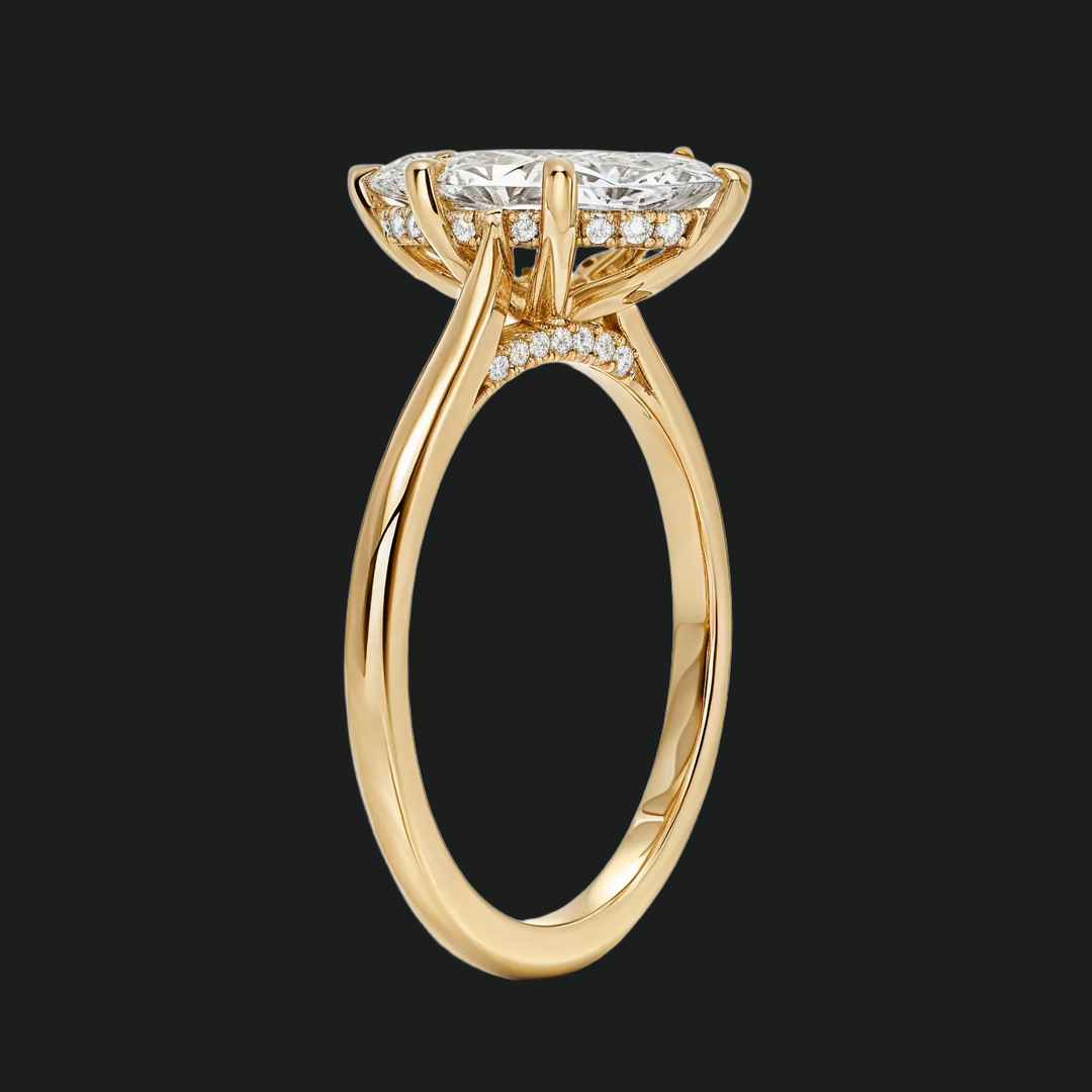 Marquise sneden verborgen halo -verlovingsring met diamantaccenten