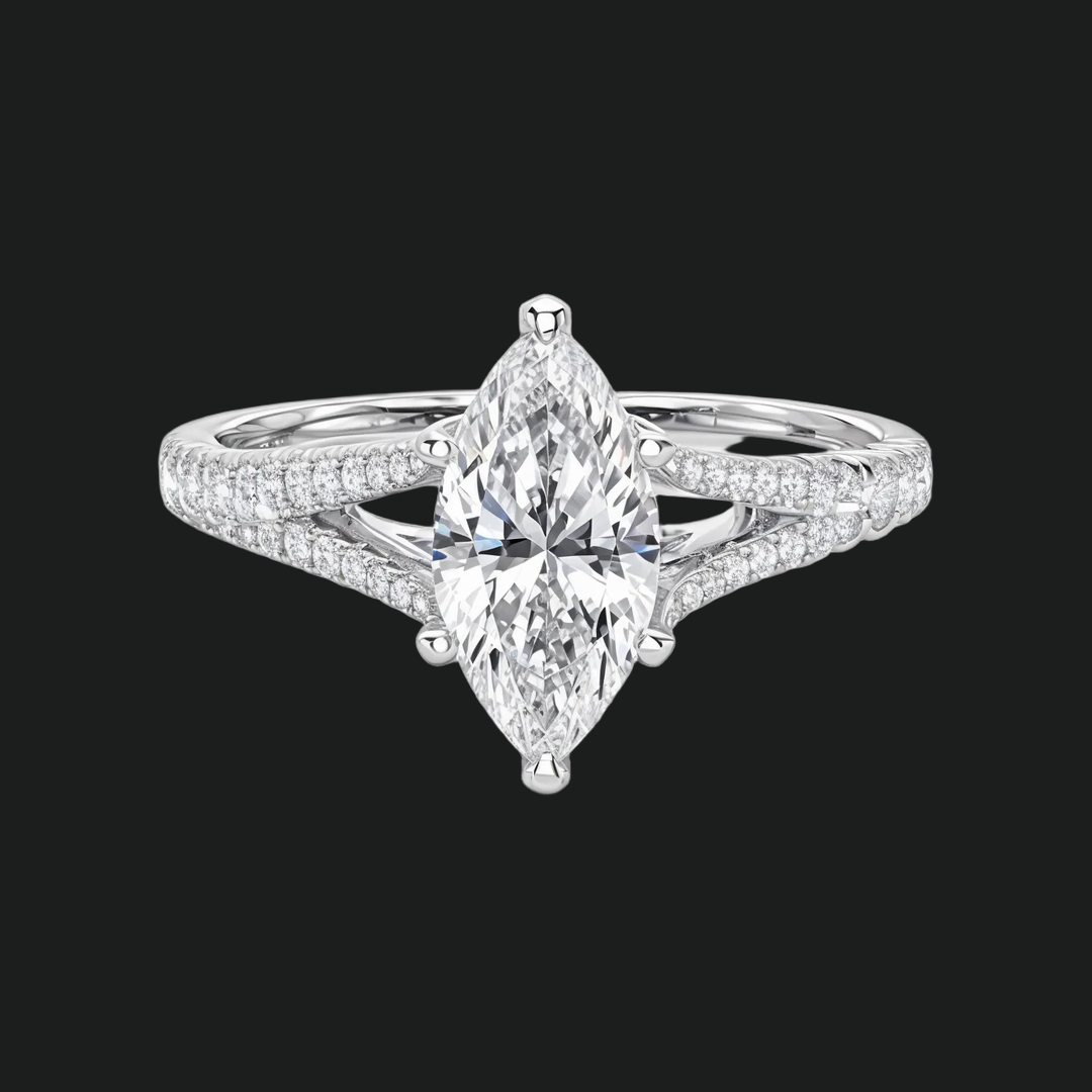 Marquise Cut Split Shank Engagement Ring with Diamond Accents in 9kt White Gold