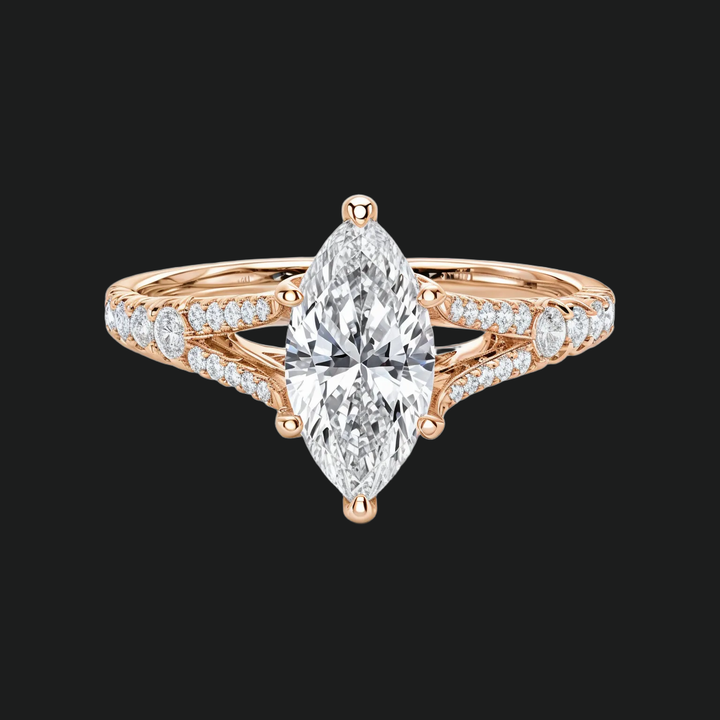 Marquise gesneden split schacht verlovingsring met diamantaccenten