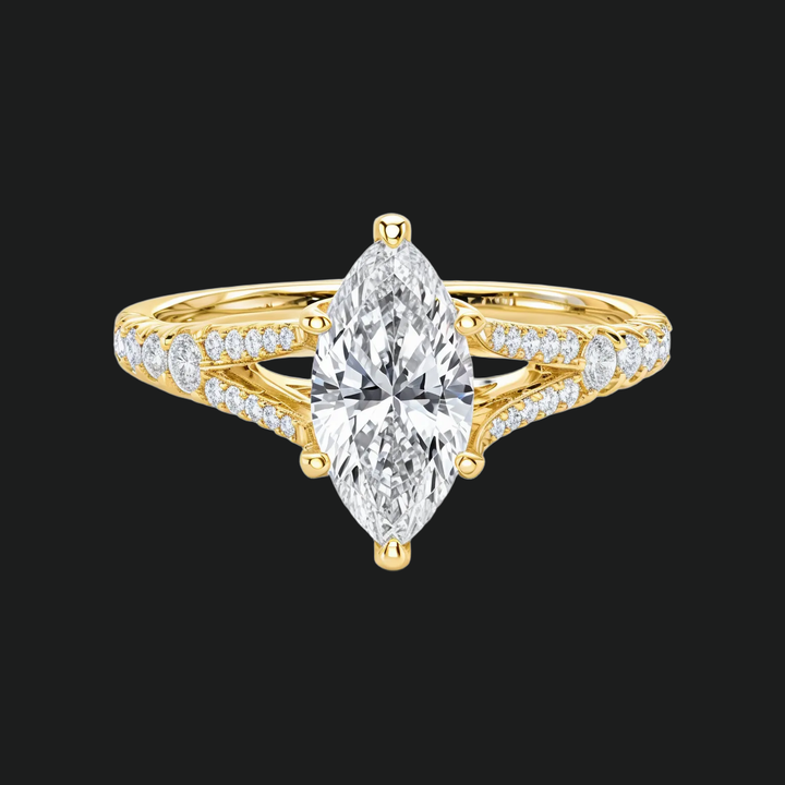 Marquise gesneden split schacht verlovingsring met diamantaccenten