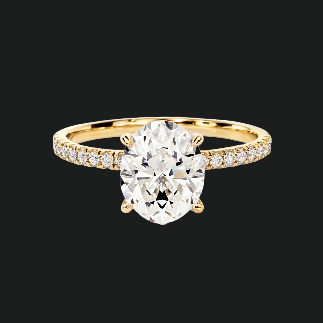 Oval Cut Diamond Accents Engagement Ring with Hidden Halo and Pavé Band in 9kt White Gold