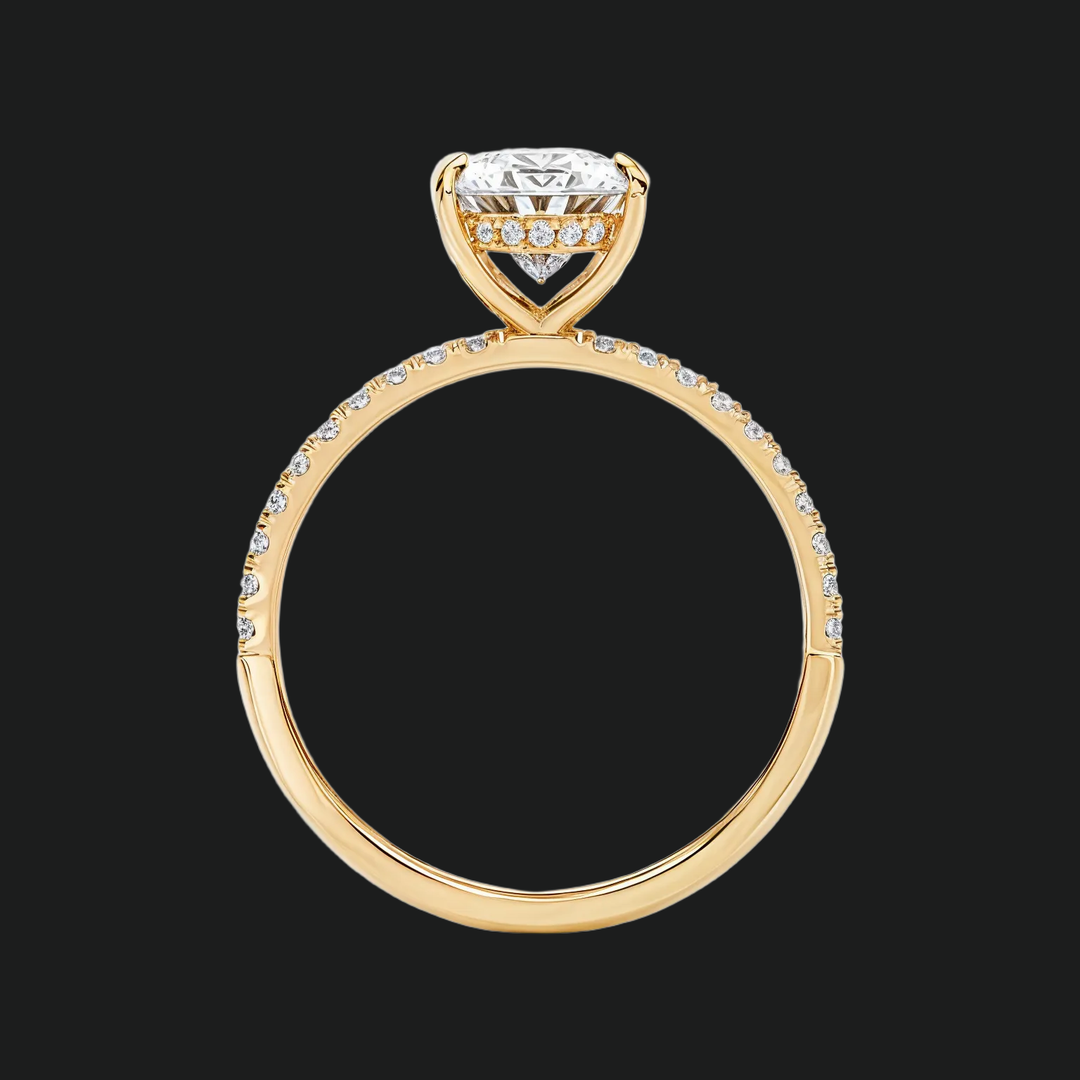 Ovaal gesneden diamant accenten verlovingsring met verborgen halo en pavé -band