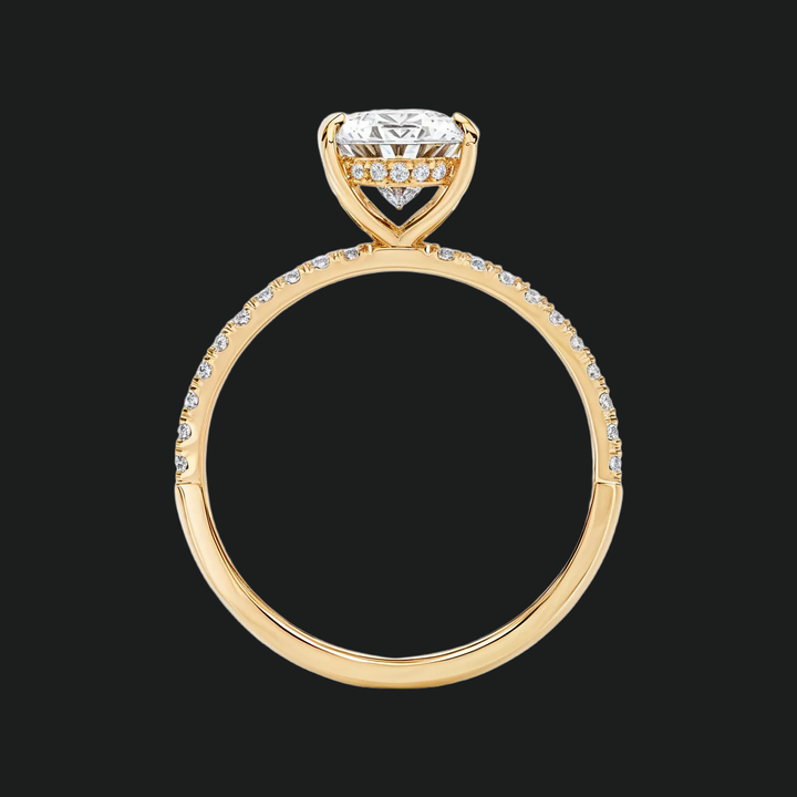 Ovaal gesneden diamant accenten verlovingsring met verborgen halo en pavé -band